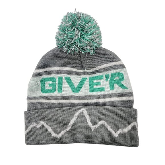 Giver Knit Pom Beanie Hat With Logo & Mountain Design Gray Mint Unisex Warm Cozy - Picture 2 of 6